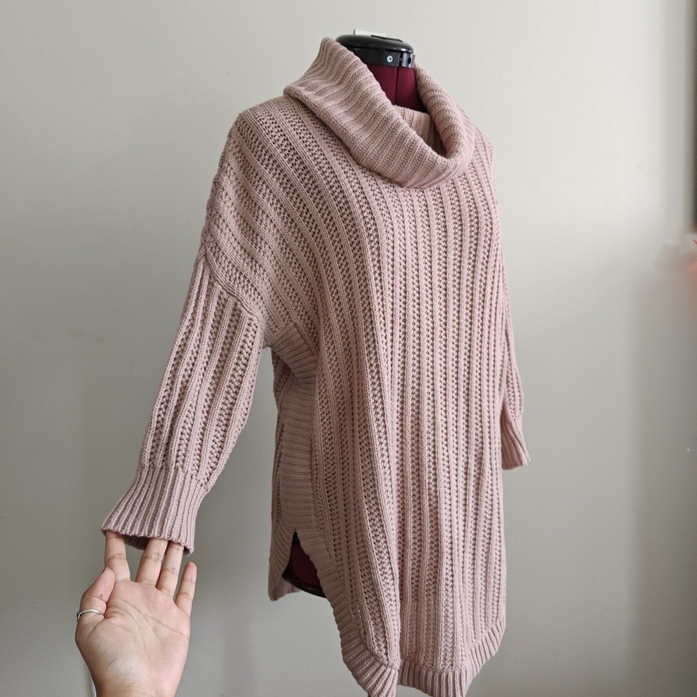 Express Women's Sweater Knit Chunky Cowl Pink 3/4 Sleeve Pill Over Rounded Hem S